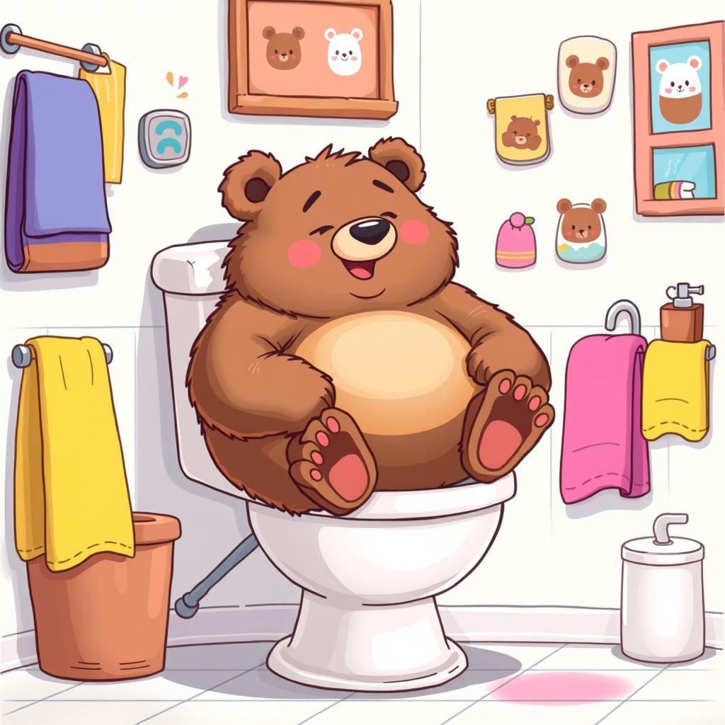 A whimsical and humorous illustration of a plump and fluffy cartoon bear sitting on a toilet, looking very relaxed