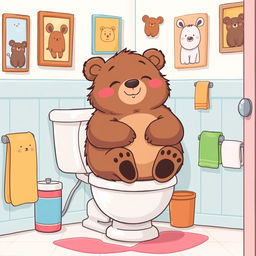 A whimsical and humorous illustration of a plump and fluffy cartoon bear sitting on a toilet, looking very relaxed