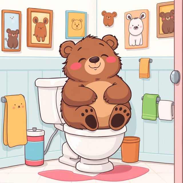 A whimsical and humorous illustration of a plump and fluffy cartoon bear sitting on a toilet, looking very relaxed