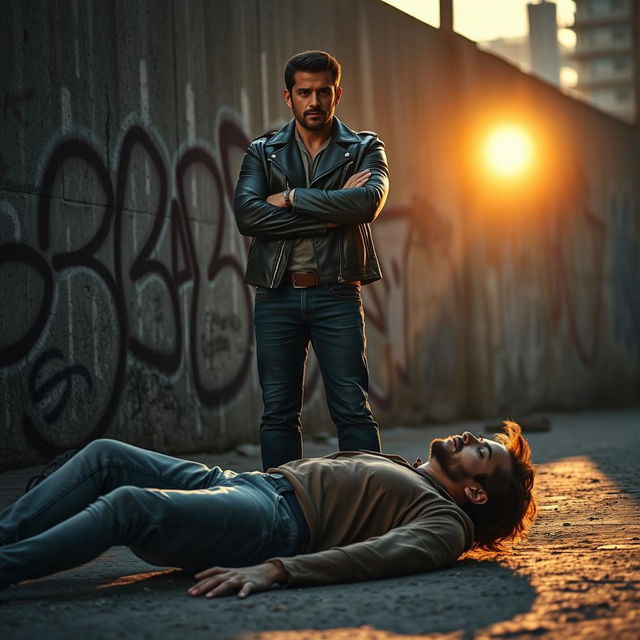 A scene depicting a dramatic moment in an urban environment, featuring one man standing confidently, wearing a stylish leather jacket and jeans, with a strong expression and arms crossed