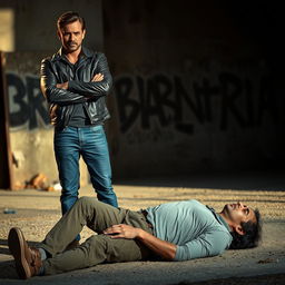 A scene depicting a dramatic moment in an urban environment, featuring one man standing confidently, wearing a stylish leather jacket and jeans, with a strong expression and arms crossed