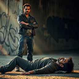 A scene depicting a dramatic moment in an urban environment, featuring one man standing confidently, wearing a stylish leather jacket and jeans, with a strong expression and arms crossed
