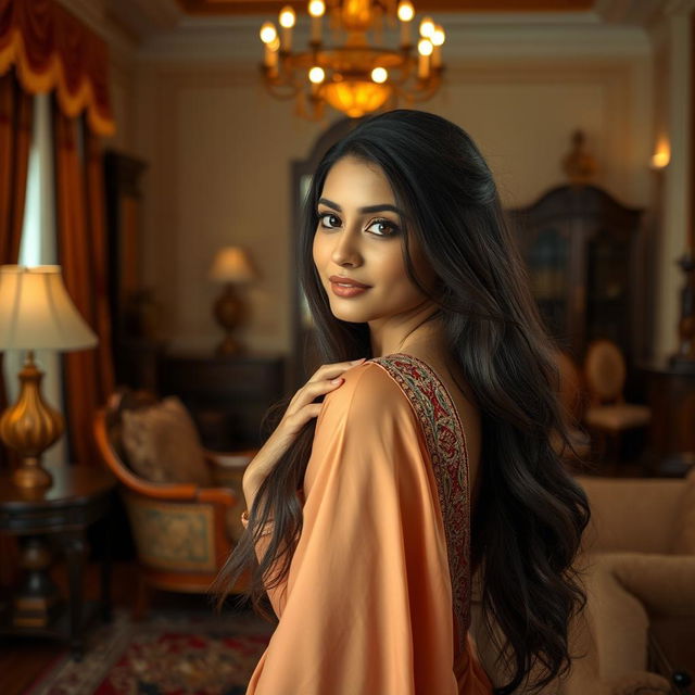 A beautiful Indian maid gracefully posing in a lavish, upscale home, with rich decor featuring intricate Indian textiles and wooden furniture