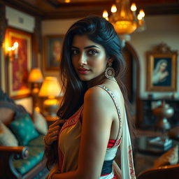 A beautiful Indian maid gracefully posing in a lavish, upscale home, with rich decor featuring intricate Indian textiles and wooden furniture