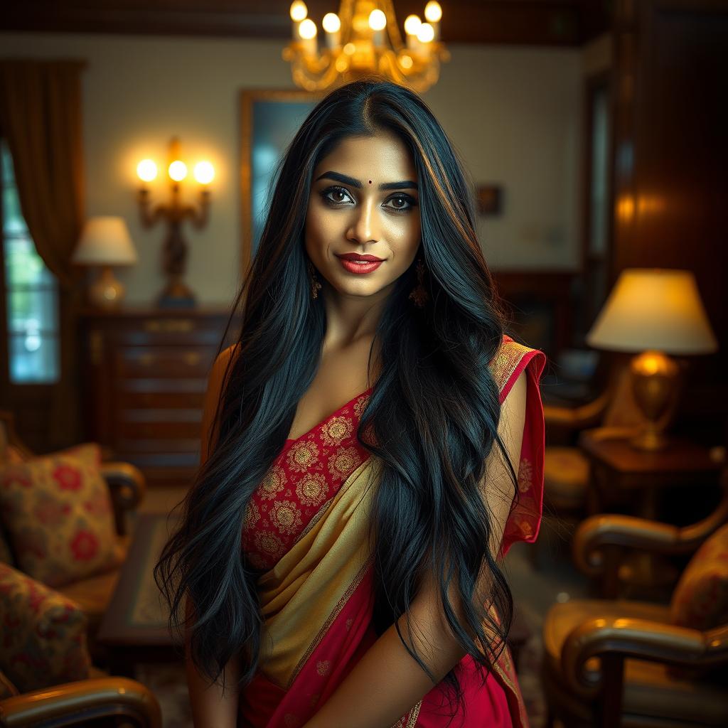 A beautiful Indian maid gracefully posing in a lavish, upscale home, with rich decor featuring intricate Indian textiles and wooden furniture