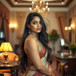 A beautiful Indian maid gracefully posing in a lavish, upscale home, with rich decor featuring intricate Indian textiles and wooden furniture