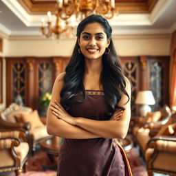 A confident Indian maid standing in a luxurious living room, exuding grace and self-assurance