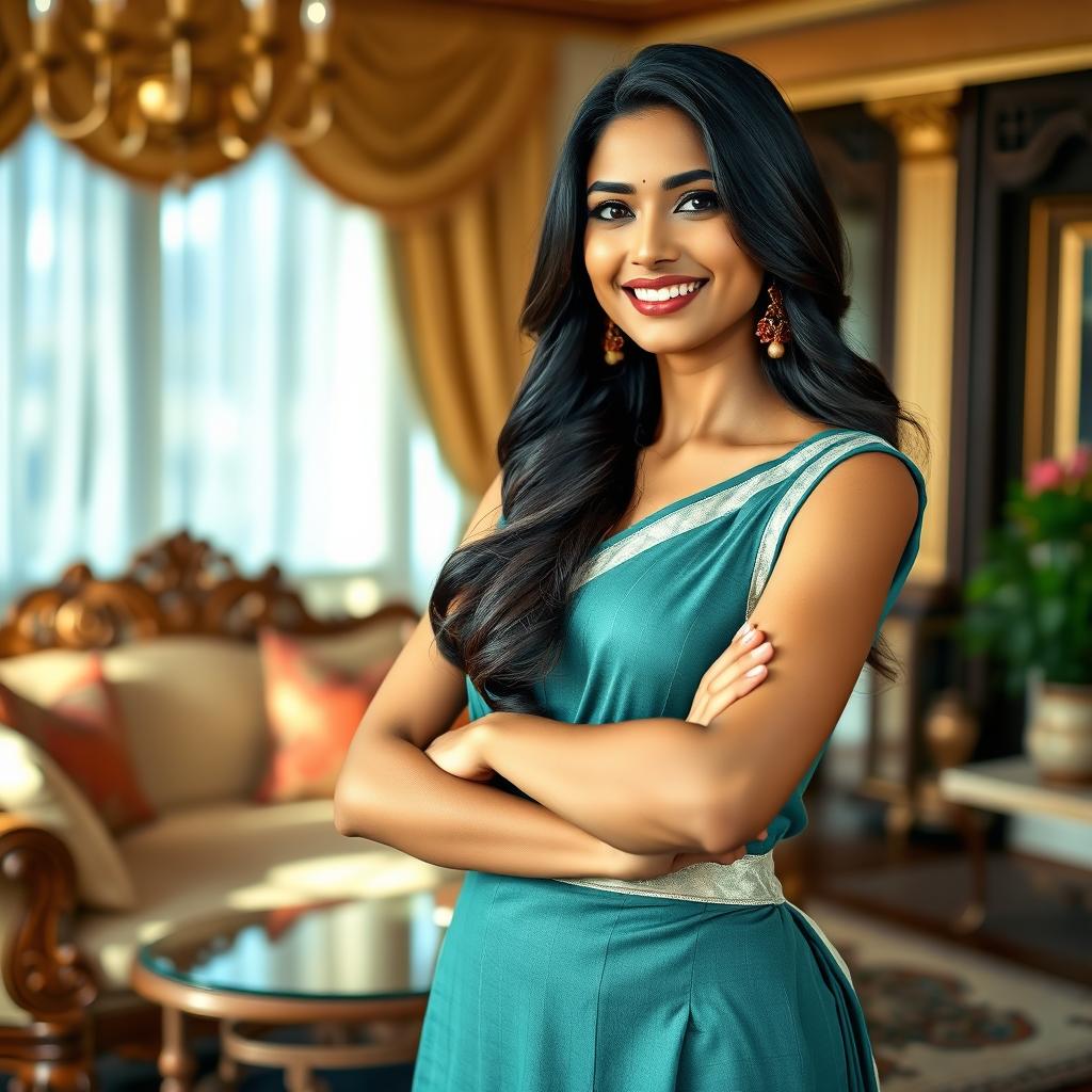 A confident Indian maid standing in a luxurious living room, exuding grace and self-assurance