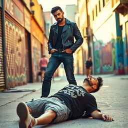 A striking scene featuring two men in an urban environment