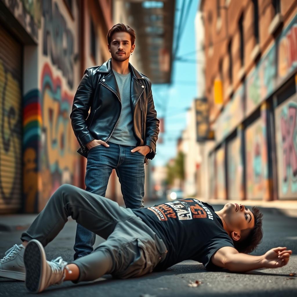 A striking scene featuring two men in an urban environment