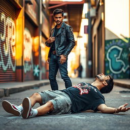 A striking scene featuring two men in an urban environment