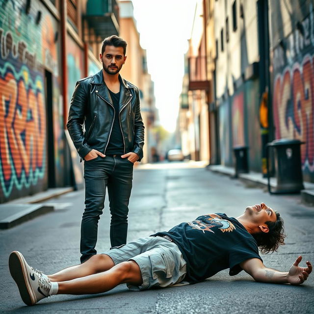 A striking scene featuring two men in an urban environment