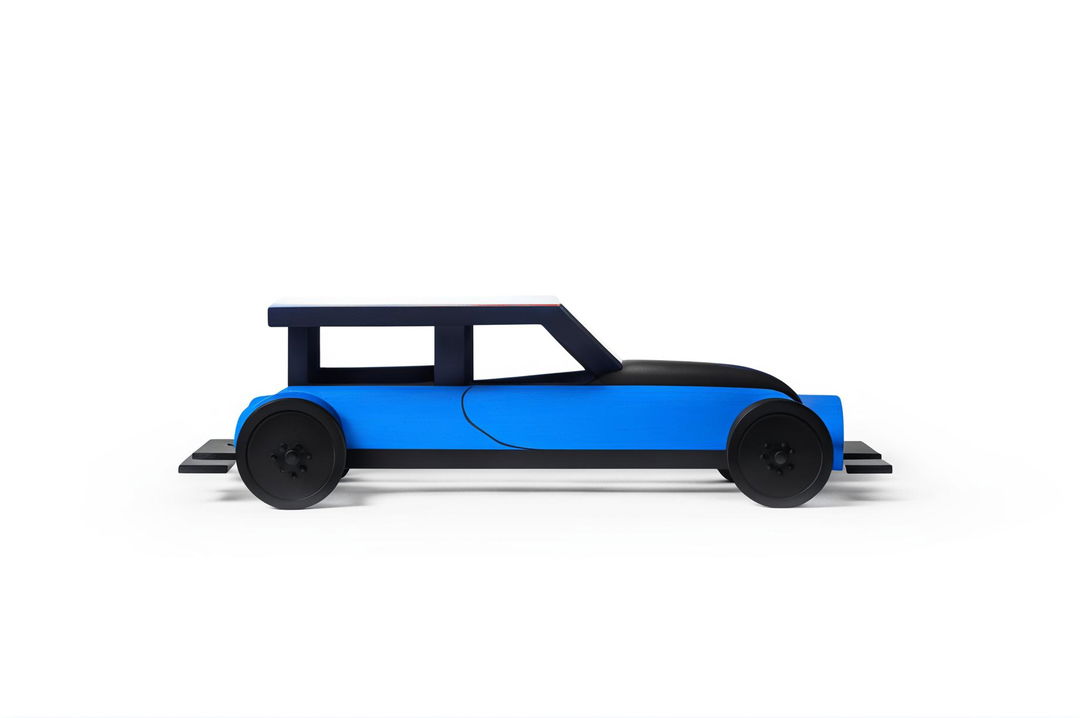 A simple, charming digital art image of a pinewood derby car, carved from pinewood and painted in a solid bright blue color