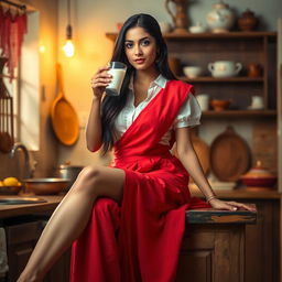 A captivating Indian brunette maid with long hair is wearing a sheer white blouse that subtly hints at her features, paired with a striking red saree that drapes attractively around her