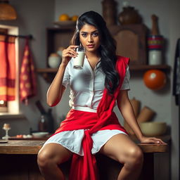 A captivating Indian brunette maid with long hair is wearing a sheer white blouse that subtly hints at her features, paired with a striking red saree that drapes attractively around her