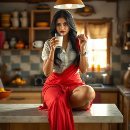 A captivating Indian brunette maid with long hair is wearing a sheer white blouse that subtly hints at her features, paired with a striking red saree that drapes attractively around her