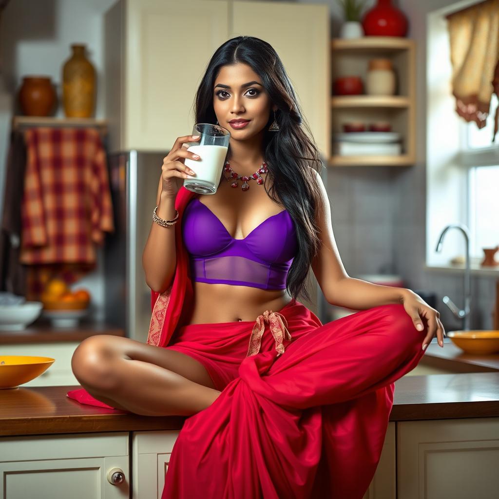 An alluring Indian brunette maid with long hair is dressed in a transparent purple blouse that tastefully reveals her breasts, complemented by a vibrant red saree that beautifully drapes around her