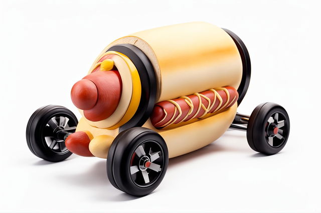 A playful, high-quality digital art image of a pinewood derby car designed to look like a hotdog