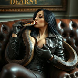A hot woman with a big ass and big boobs and a thin waist, featuring sexy dark red lips and long black hair