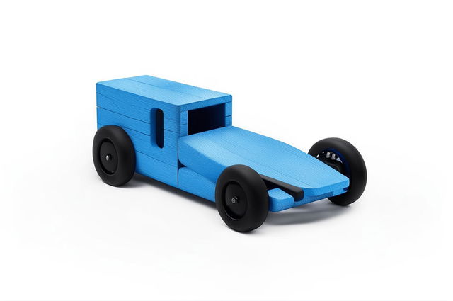 A minimalist, high-quality digital art image of a pinewood derby car, shaped from a block of pinewood and painted in a single shade of bright blue