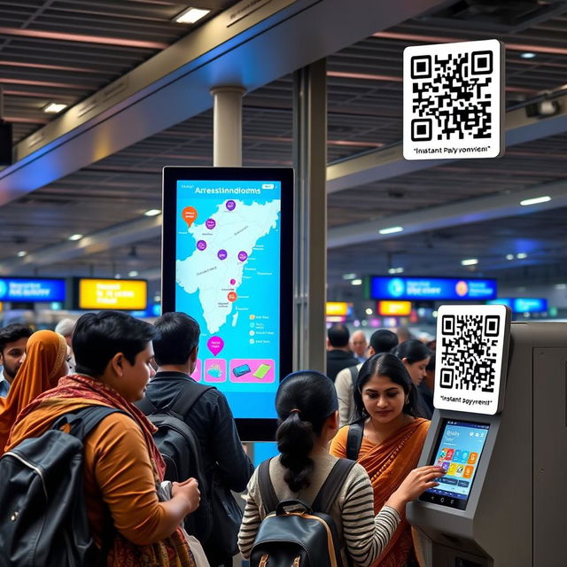 A busy railway station or airport with travelers stopping at a kiosk that displays a colorful interface showcasing various handloom products
