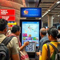 A busy railway station or airport with travelers stopping at a kiosk that displays a colorful interface showcasing various handloom products