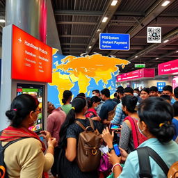 A busy railway station or airport with travelers stopping at a kiosk that displays a colorful interface showcasing various handloom products