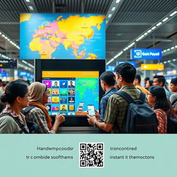 A busy railway station or airport with travelers stopping at a kiosk that displays a colorful interface showcasing various handloom products