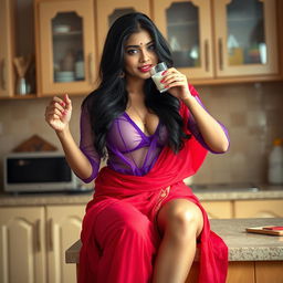 An enticing Indian brunette maid with long hair is depicted wearing a sheer purple blouse, playfully pulling it to reveal her breasts, combined with a striking red saree that drapes gracefully around her