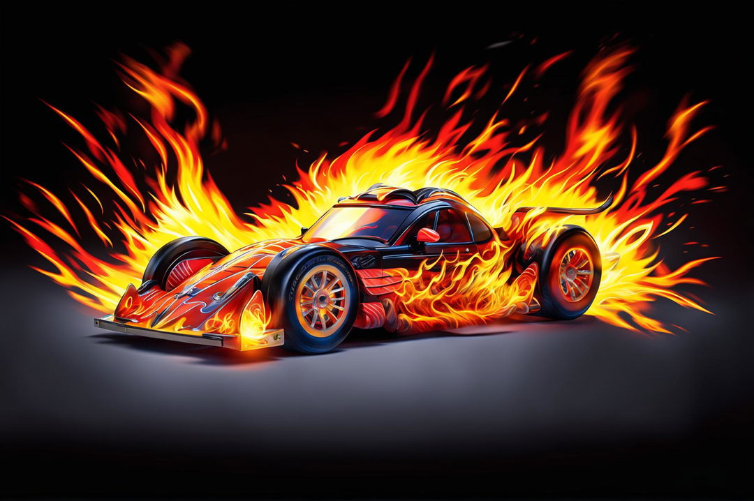 A dynamic, high-quality digital art image of a pinewood derby car adorned with flames