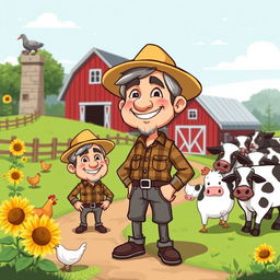 A cartoon-style character of a small-town mayor next to a farm