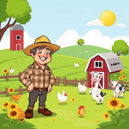 A cartoon-style character of a small-town mayor next to a farm