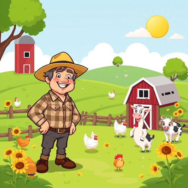 A cartoon-style character of a small-town mayor next to a farm