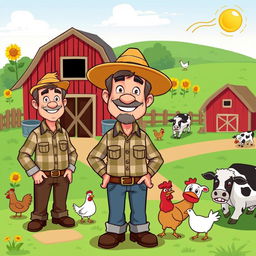 A cartoon-style character of a small-town mayor next to a farm