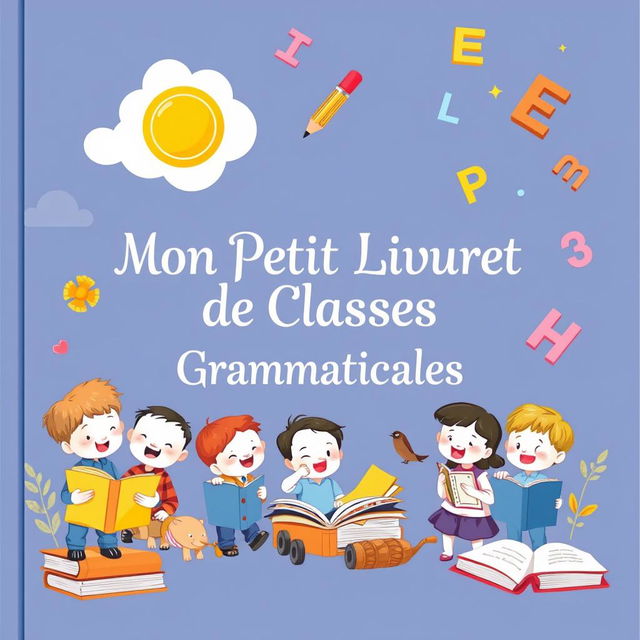 A beautifully illustrated grammar booklet cover featuring vibrant colors and whimsical illustrations symbolizing various grammatical elements such as nouns, verbs, adjectives, and adverbs