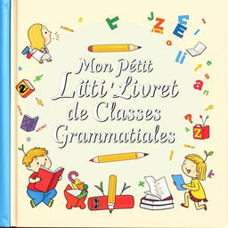 A beautifully illustrated grammar booklet cover featuring vibrant colors and whimsical illustrations symbolizing various grammatical elements such as nouns, verbs, adjectives, and adverbs