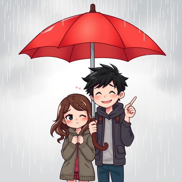 A charming scene depicting two cute individuals sharing an umbrella on a rainy day