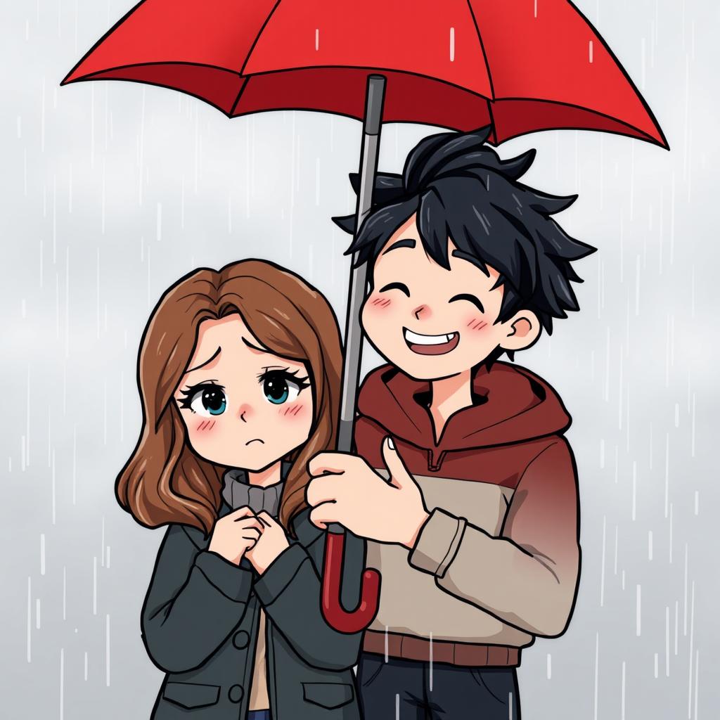 A charming scene depicting two cute individuals sharing an umbrella on a rainy day