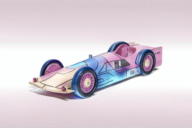 A high-resolution digital art image of a pinewood derby car painted in pastel colors