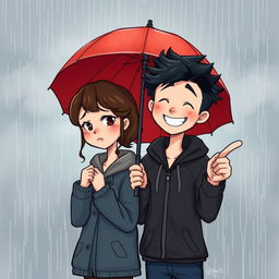 A charming scene depicting two cute individuals sharing an umbrella on a rainy day