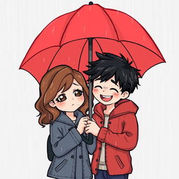 A charming scene depicting two cute individuals sharing an umbrella on a rainy day