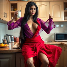 An enticing Indian brunette maid with long hair is featured holding her transparent purple blouse in one hand, exposing her bare chest, while adorned in a beautiful red saree that elegantly wraps around her