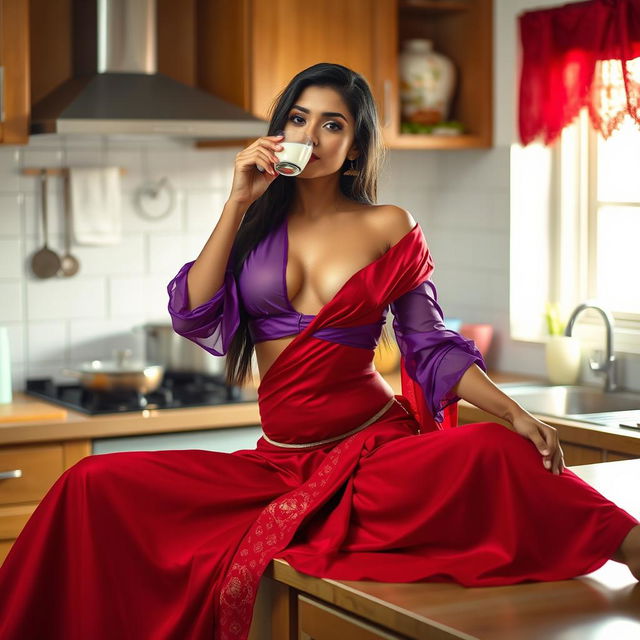 An enticing Indian brunette maid with long hair is featured holding her transparent purple blouse in one hand, exposing her bare chest, while adorned in a beautiful red saree that elegantly wraps around her