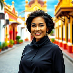 A beautiful Colombian woman aged between 40 and 45 years, standing confidently in full height