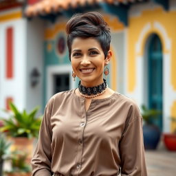 A beautiful Colombian woman aged between 40 and 45 years, standing confidently in full height