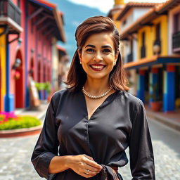 A beautiful Colombian woman aged between 40 and 45 years, standing confidently in full height
