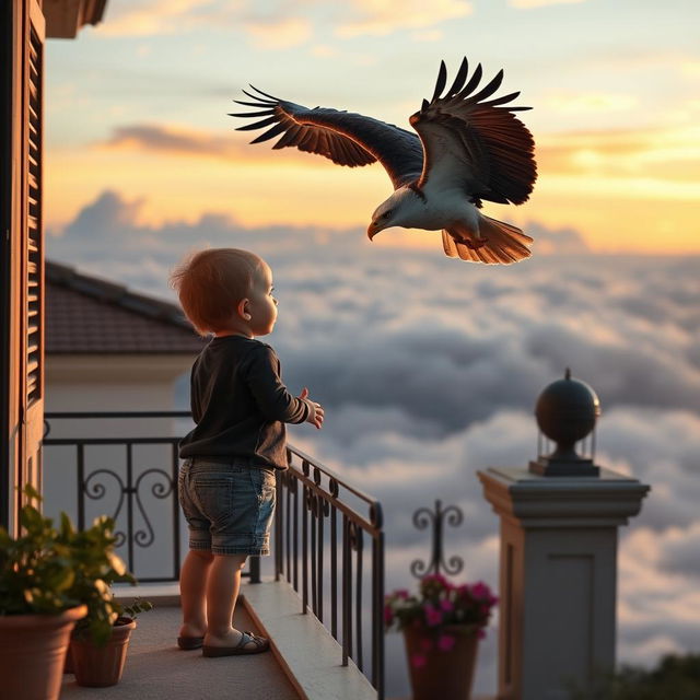 An adorable child standing on a balcony, looking down as if contemplating jumping, but a majestic eagle is soaring nearby with its wings spread wide, appearing ready to rescue the child