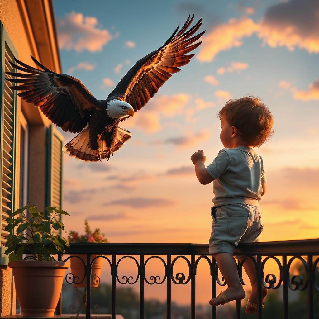 An adorable child standing on a balcony, looking down as if contemplating jumping, but a majestic eagle is soaring nearby with its wings spread wide, appearing ready to rescue the child