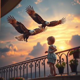 An adorable child standing on a balcony, looking down as if contemplating jumping, but a majestic eagle is soaring nearby with its wings spread wide, appearing ready to rescue the child
