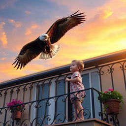 An adorable child standing on a balcony, looking down as if contemplating jumping, but a majestic eagle is soaring nearby with its wings spread wide, appearing ready to rescue the child